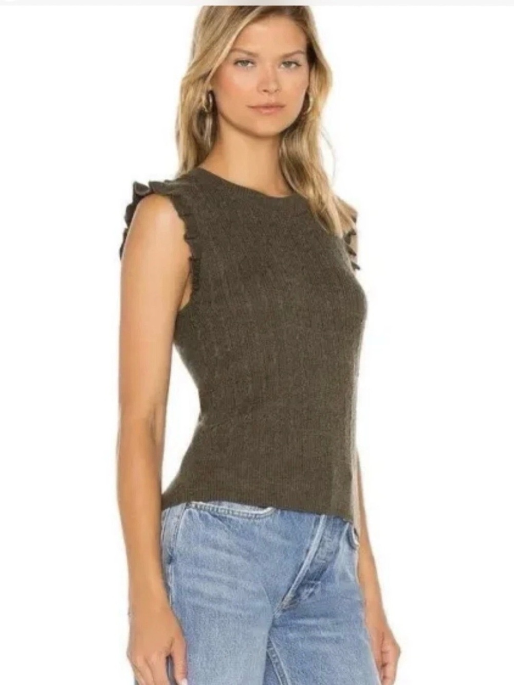 PAIGE Kelly Green Knit Ruffle-Shoulder Tank